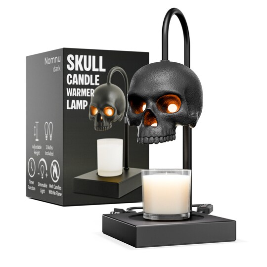 Nomnu; Skull Candle Warmer Lamp with Timer and Dimmer, Gothic Candle Lamp Warmer with Adjustable Height, 2 Light Bulbs, Flameless Wax Melting Skull Decor, Halloween Lamp for Spooky Home & Witchy Gifts (Candle Jar Not Included); Category:Candle Holders; Image:1